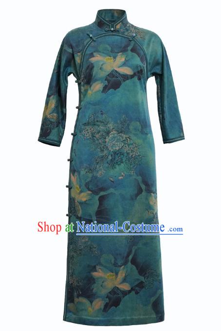 China Classical Lotus Pattern Green Silk Qipao Dress National Female Long Cheongsam