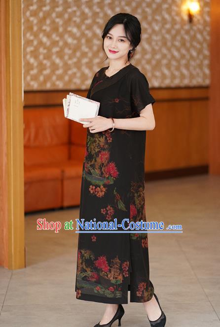 China National Modern Black Silk Qipao Costume Classical Cheongsam Dress