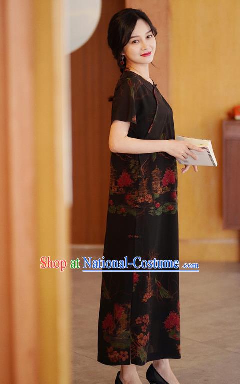 China National Modern Black Silk Qipao Costume Classical Cheongsam Dress