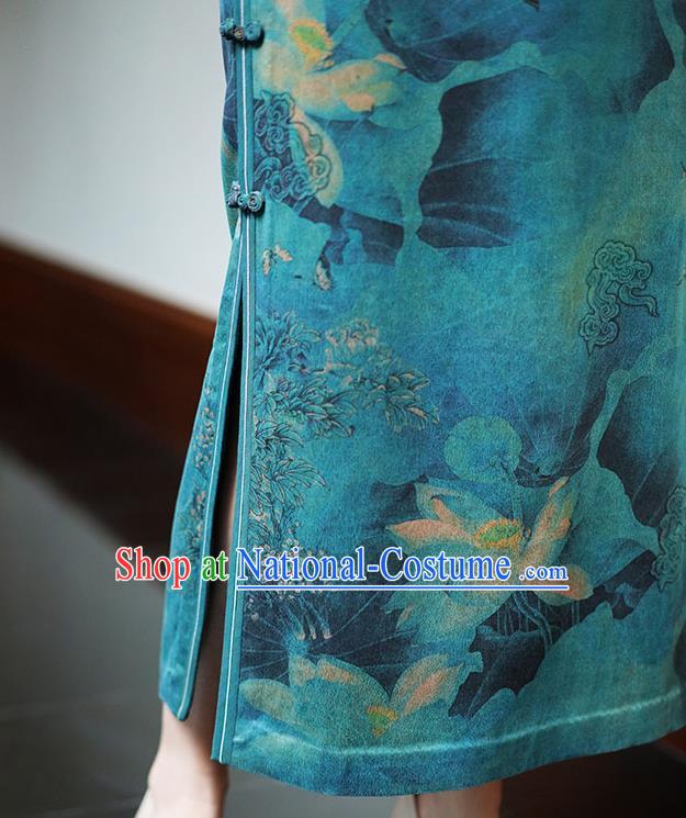 China Classical Lotus Pattern Green Silk Qipao Dress National Female Long Cheongsam