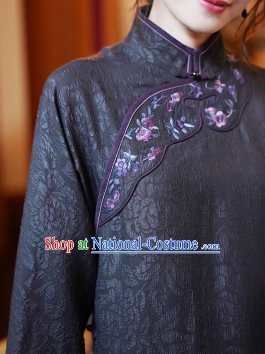 China National Female Embroidered Dark Purple Cheongsam Classical Silk Qipao Dress