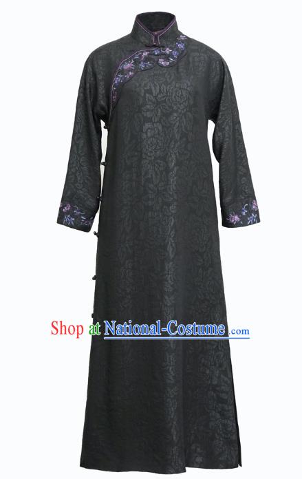 China National Female Embroidered Dark Purple Cheongsam Classical Silk Qipao Dress