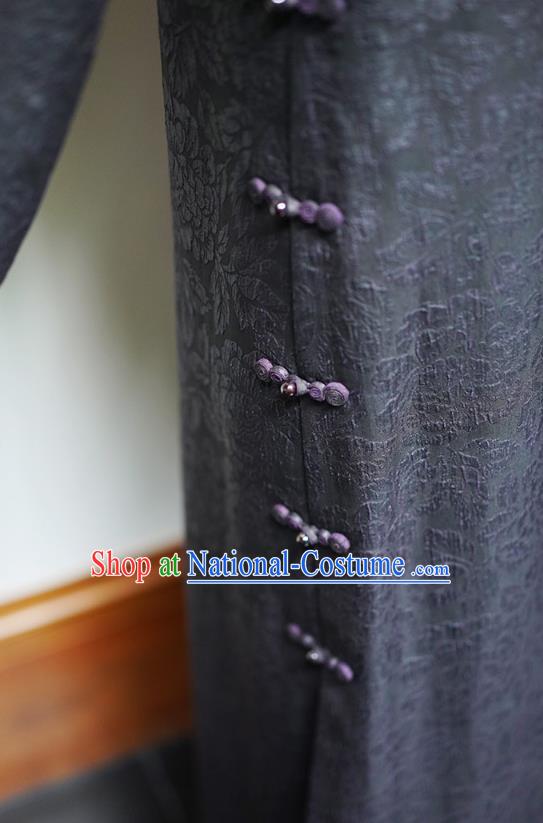 China National Female Embroidered Dark Purple Cheongsam Classical Silk Qipao Dress