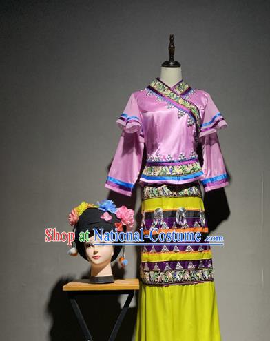 Chinese Wa Nationality Minority Costumes Ethnic Woman Stage Performance Folk Dance Dress and Hat