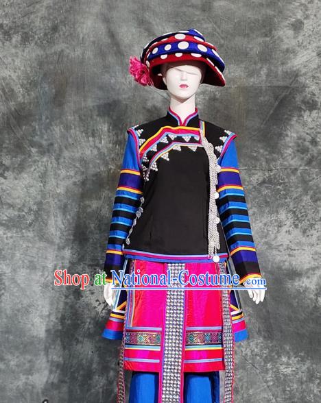 Chinese Dai Nationality Woman Costumes Yunnan Ethnic Minority Folk Dance Outfits and Hat