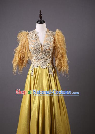 Top Grade Party Compere Yellow Feather Full Dress Catwalks Modern Dance Costume