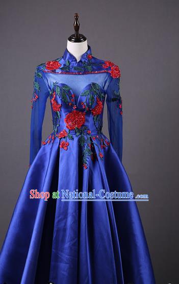 Top Grade Compere Royalblue Satin Full Dress Catwalks Stage Show Costume