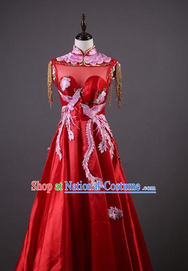 Top Grade Annual Meeting Catwalks Compere Costume Embroidered Phoenix Red Satin Full Dress