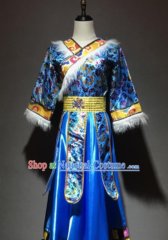 Chinese Zang Nationality Woman Costumes Tibetan Ethnic Minority Stage Performance Blue Dress