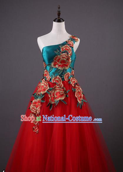 China Style Annual Meeting Compere Costume Embroidered Peony Red Veil Full Dress