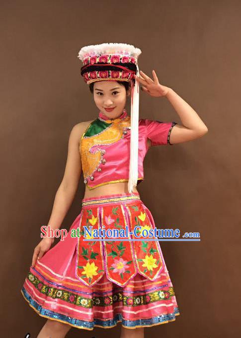 Chinese Zhuang Nationality Young Lady Costumes Ethnic Minority Folk Dance Pink Outfits and Hat