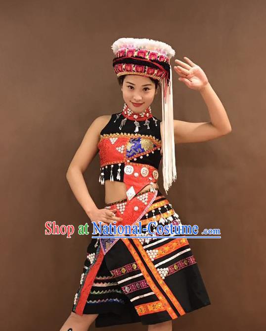 Chinese Zhuang Nationality Folk Dance Costumes Ethnic Minority Stage Performance Black Outfits and Hat