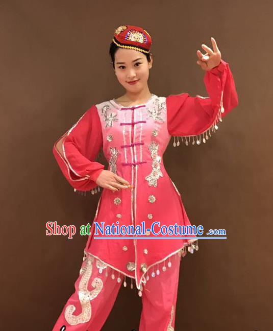 Chinese Hui Nationality Folk Dance Costumes Ningxia Ethnic Minority Woman Pink Outfits and Hat