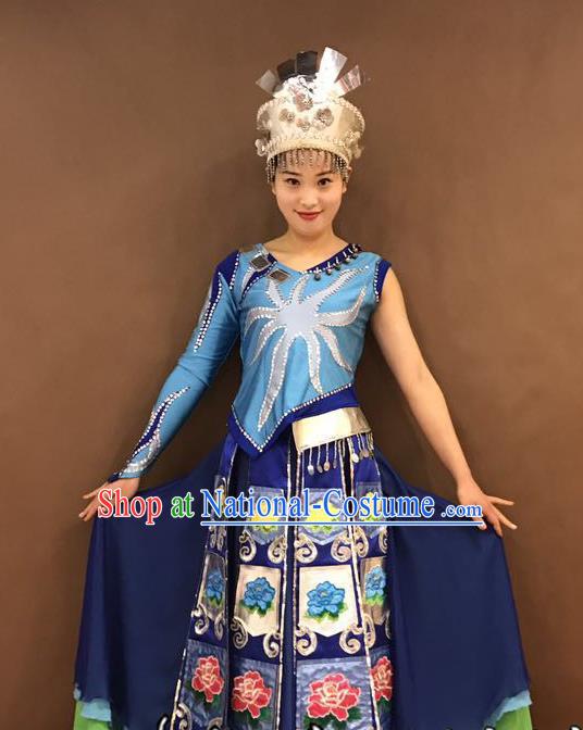 Chinese Yi Nationality Wedding Bride Costumes Ethnic Minority Young Lady Blue Outfits and Headwear