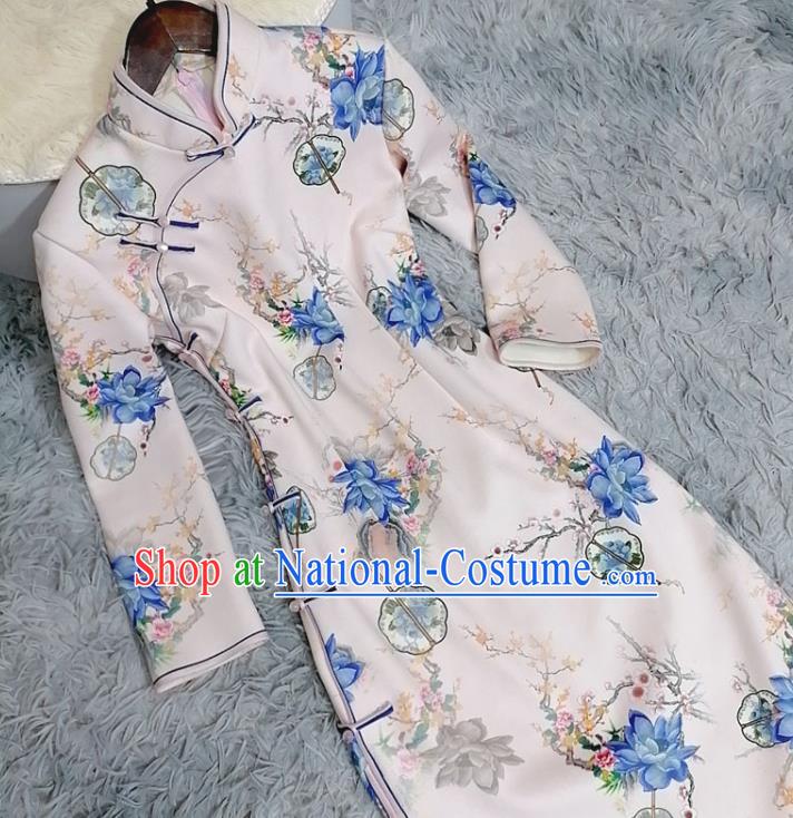 Chinese Classical Printing Blue Mangnolia Qipao Dress Traditional Shanghai Women Cheongsam Clothing