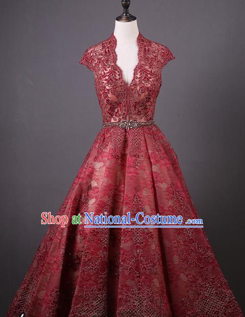 Top Grade Wedding Compere Costume Ballroom Dance Wine Red Lace Full Dress