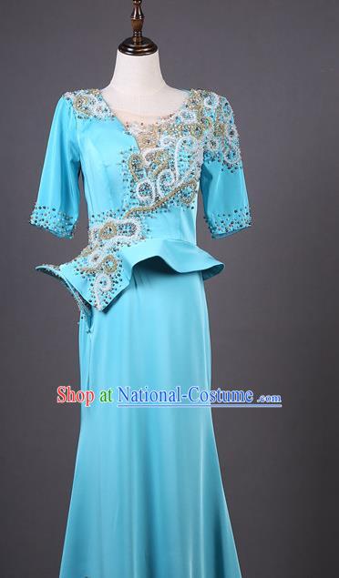 Top Grade Compere Blue Satin Middle Sleeve Full Dress Ballroom Dance Stage Show Costume