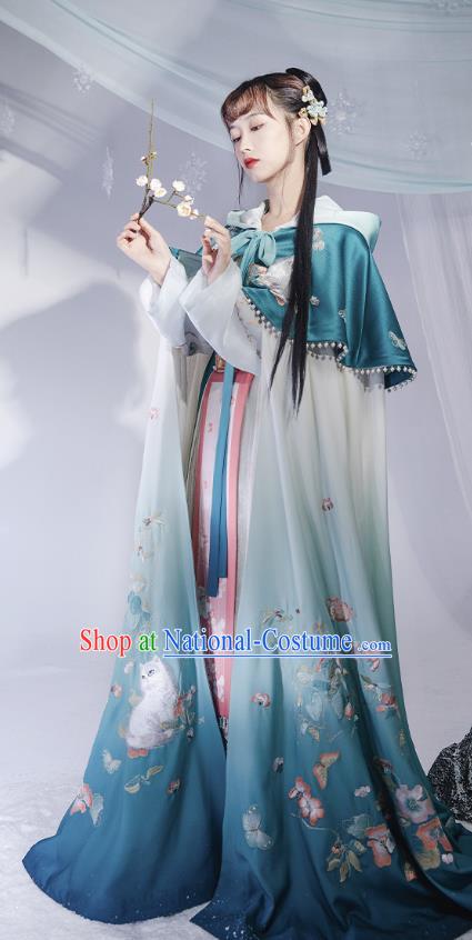 China Ancient Noble Infanta Cape Clothing Traditional Ming Dynasty Princess Embroidered Blue Silk Cloak