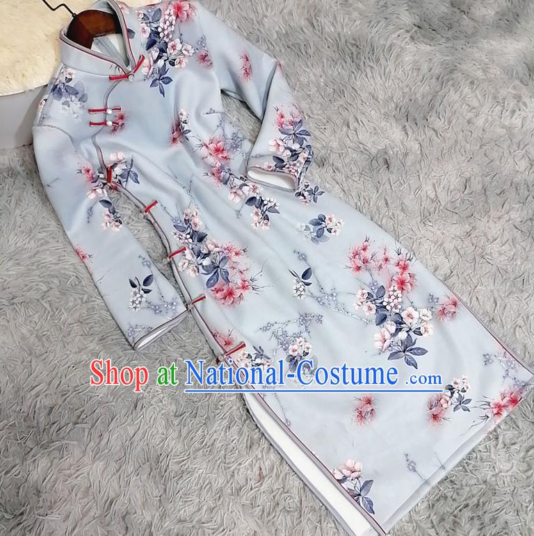 Chinese Traditional Shanghai Light Blue Cheongsam Classical Printing Plum Blossom Qipao Dress