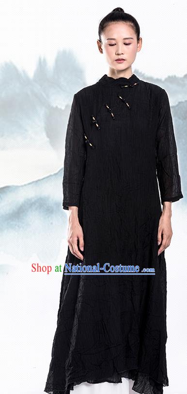 Chinese National Black Tencel Qipao Dress Traditional Zen Clothing Slant Opening Cheongsam