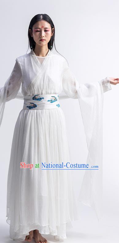 Chinese Traditional Zen Clothing Classical Dance Costume National White Chiffon Qipao Dress