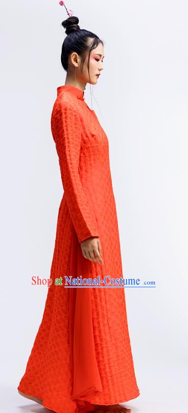 Chinese Traditional Zen Cheongsam Clothing Classical Dance Costume National Red Flax Qipao Dress