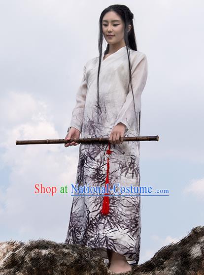 Chinese National Ink Painting White Silk Dress Traditional Zen Clothing Martial Arts Costume