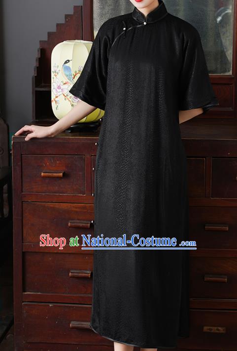 Chinese Traditional Stand Collar Cheongsam National Woman Costume Classical Black Silk Qipao Dress