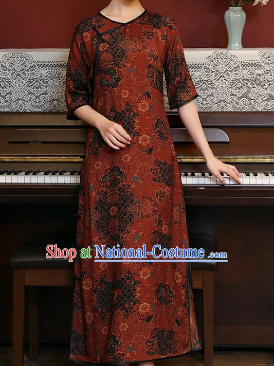 Chinese Classical Dark Red Qipao Dress National Woman Costume Traditional Slant Opening Cheongsam