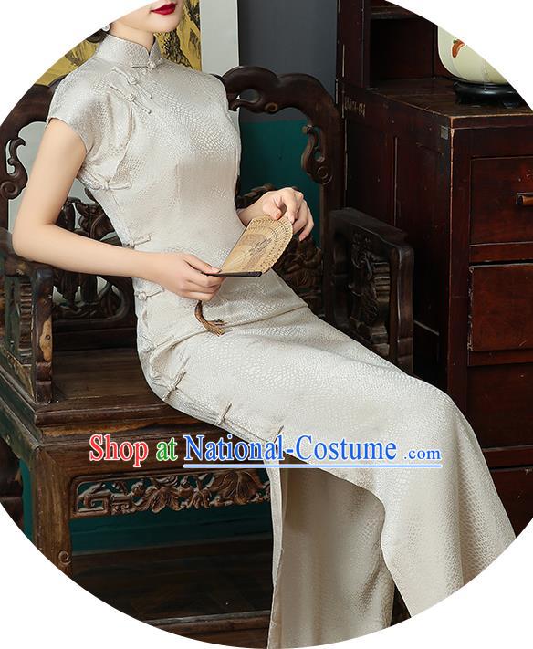 Chinese National Costume Beige Tencel Qipao Dress Traditional Slim Cheongsam Clothing