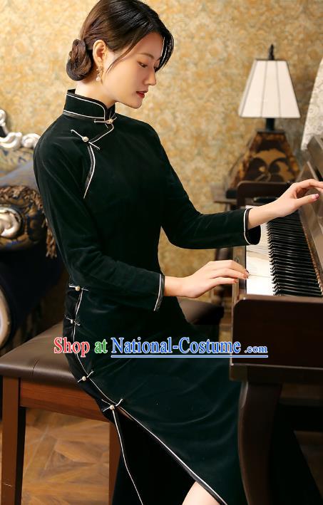 Chinese Traditional Black Velvet Cheongsam Classical Qipao Dress National Shanghai Woman Costume