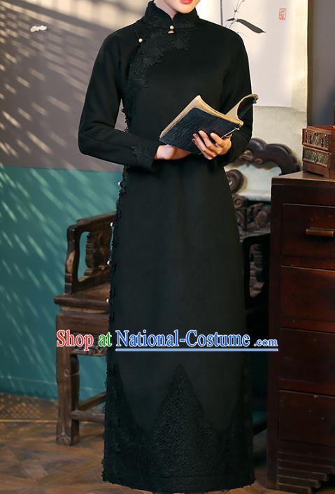 Chinese Classical Lace Qipao Dress National Shanghai Woman Costume Traditional Black Woolen Cheongsam