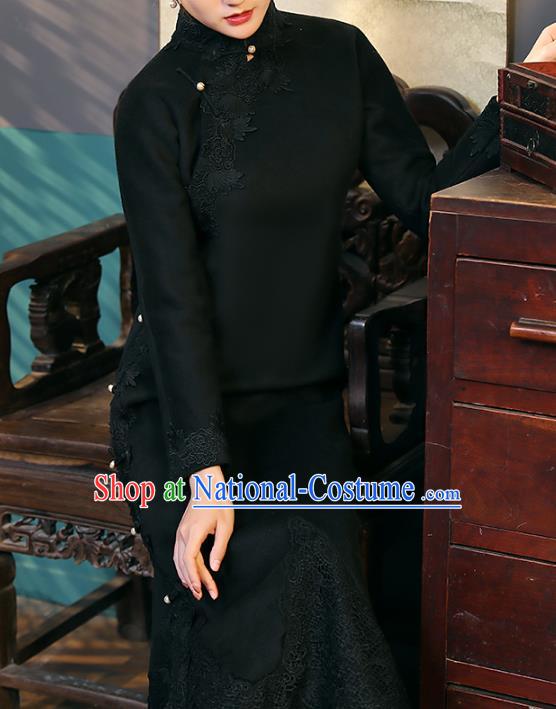 Chinese Classical Lace Qipao Dress National Shanghai Woman Costume Traditional Black Woolen Cheongsam