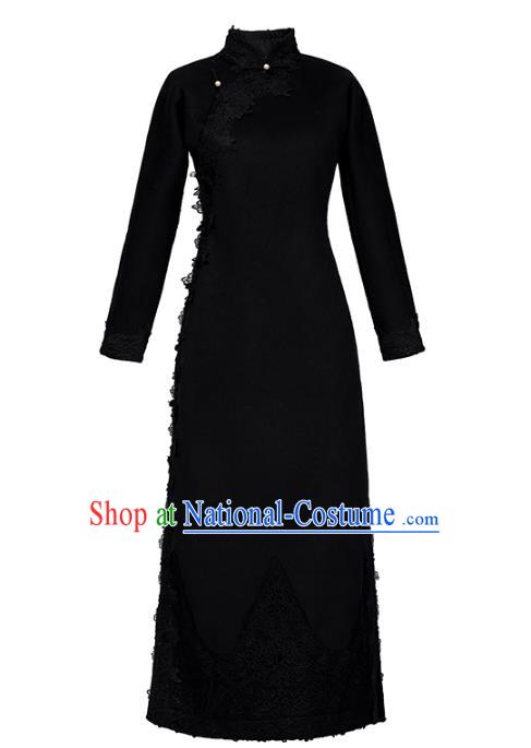 Chinese Classical Lace Qipao Dress National Shanghai Woman Costume Traditional Black Woolen Cheongsam