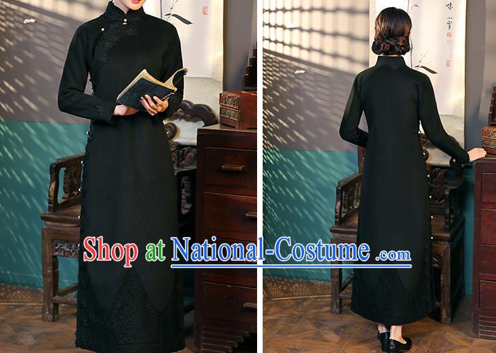 Chinese Classical Lace Qipao Dress National Shanghai Woman Costume Traditional Black Woolen Cheongsam