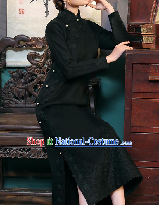 Chinese Classical Lace Qipao Dress National Shanghai Woman Costume Traditional Black Woolen Cheongsam