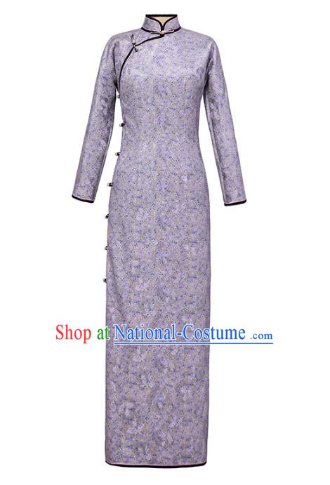 Chinese Classical Lilac Lace Qipao Dress National Tang Suit Costume Traditional Stand Collar Cheongsam