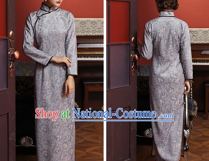 Chinese Classical Lilac Lace Qipao Dress National Tang Suit Costume Traditional Stand Collar Cheongsam