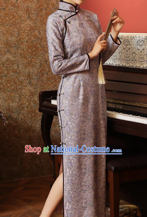 Chinese Classical Lilac Lace Qipao Dress National Tang Suit Costume Traditional Stand Collar Cheongsam