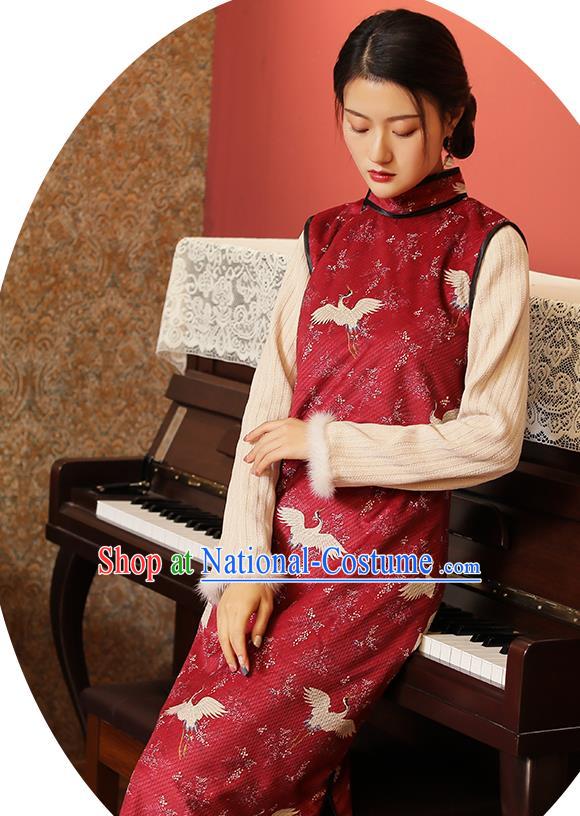 Chinese Classical Cranes Pattern Red Qipao Dress National Rich Lady Costume Traditional Winter Cheongsam