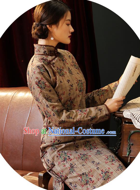 Chinese National Young Woman Costume Traditional Winter Cheongsam Classical Khaki Qipao Dress