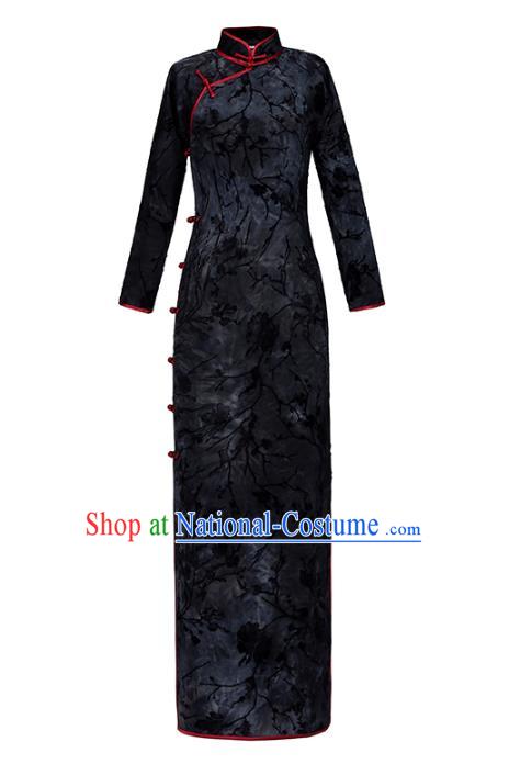 Chinese Classical Tie Dye Qipao Dress National Shanghai Costume Traditional Black Flocking Cheongsam