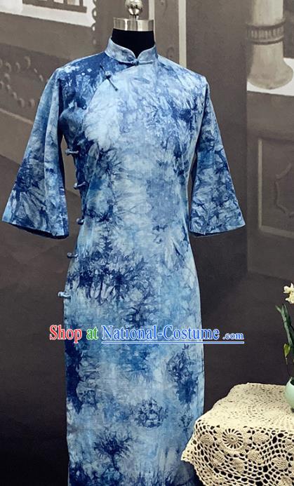 Republic of China Young Lady Cheongsam Costume Traditional Tie Dye Blue Flax Qipao Dress