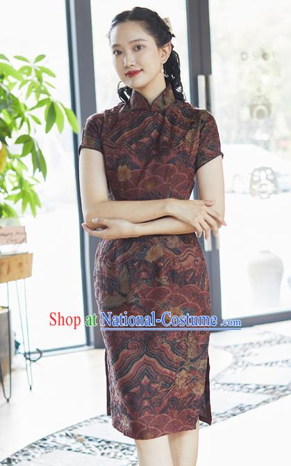 Republic of China Traditional Stage Performance Brown Silk Qipao Dress Classical Waves Pattern Short Cheongsam Costume