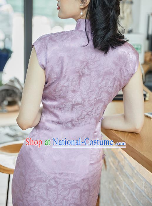 Republic of China Classical Lilac Silk Cheongsam Costume Traditional Jacquard Brocade Qipao Dress