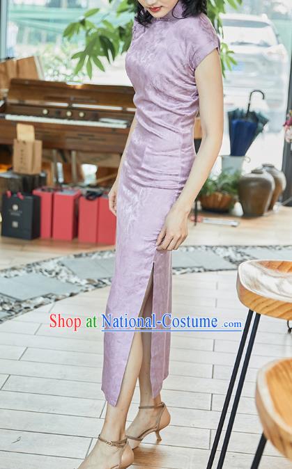 Republic of China Classical Lilac Silk Cheongsam Costume Traditional Jacquard Brocade Qipao Dress