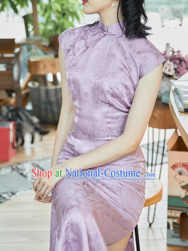 Republic of China Classical Lilac Silk Cheongsam Costume Traditional Jacquard Brocade Qipao Dress