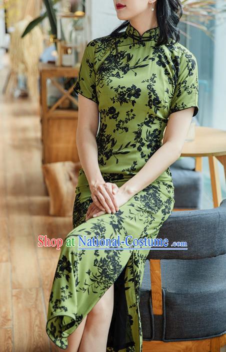 Republic of China Shanghai Beauty Classical Cheongsam Costume Traditional Printing Green Chiffon Qipao Dress