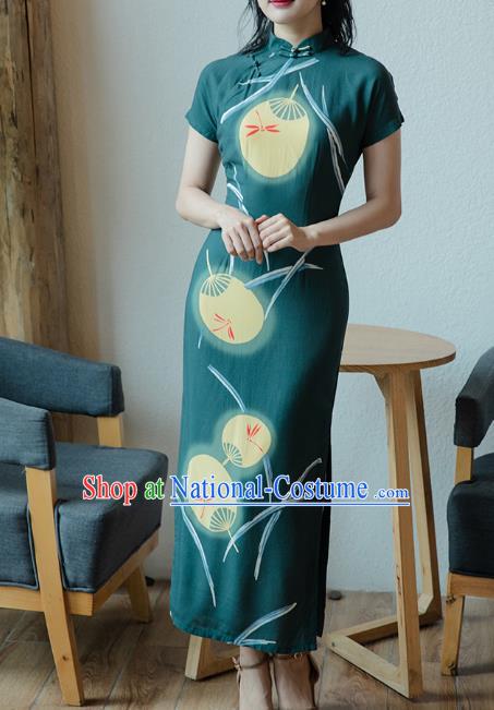 Republic of China Minguo Classical Cheongsam Costume Traditional Printing Palace Fan Atrovirens Qipao Dress