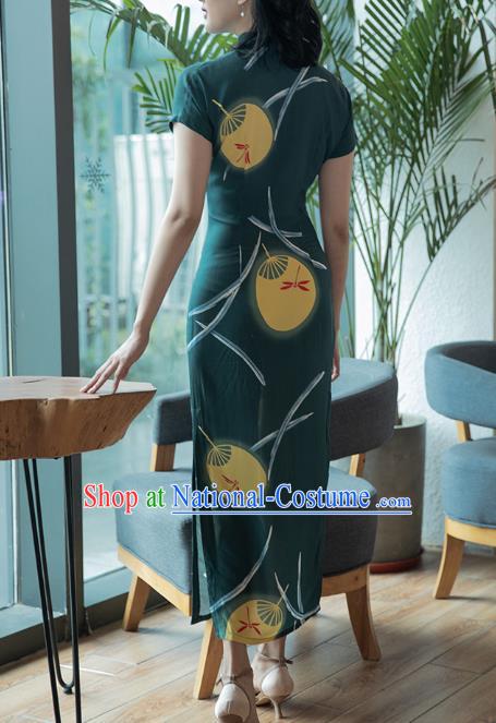 Republic of China Minguo Classical Cheongsam Costume Traditional Printing Palace Fan Atrovirens Qipao Dress